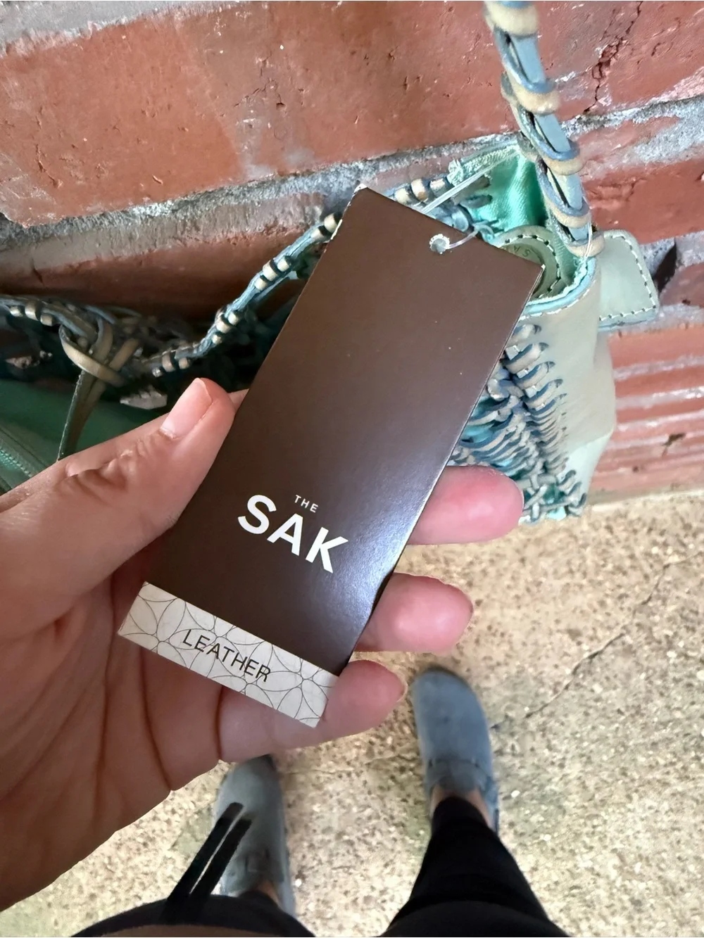 The Sak Woven Leather-Trim Shoulder Bag in Aqua and Cream